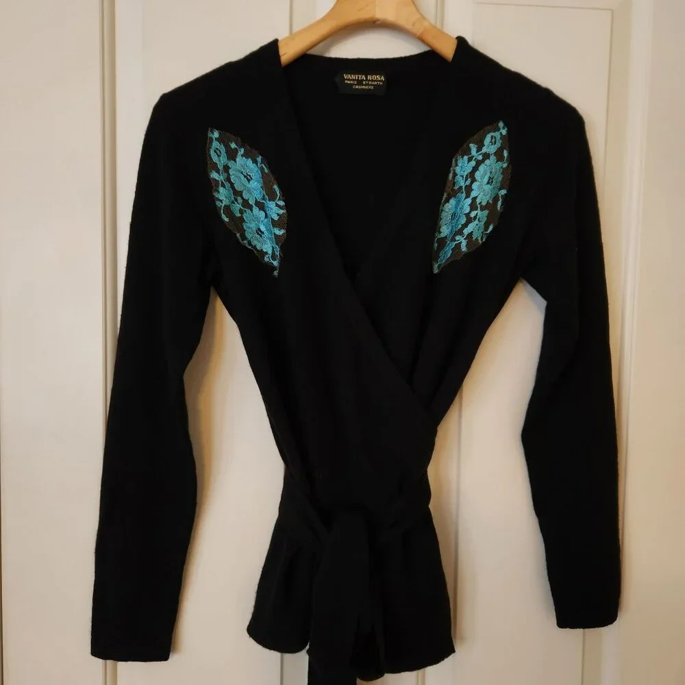 Vanita Rosa Paris St. Barth Black Cashmere Wrap Cardigan Embellished Resort - Picture 3 of 13